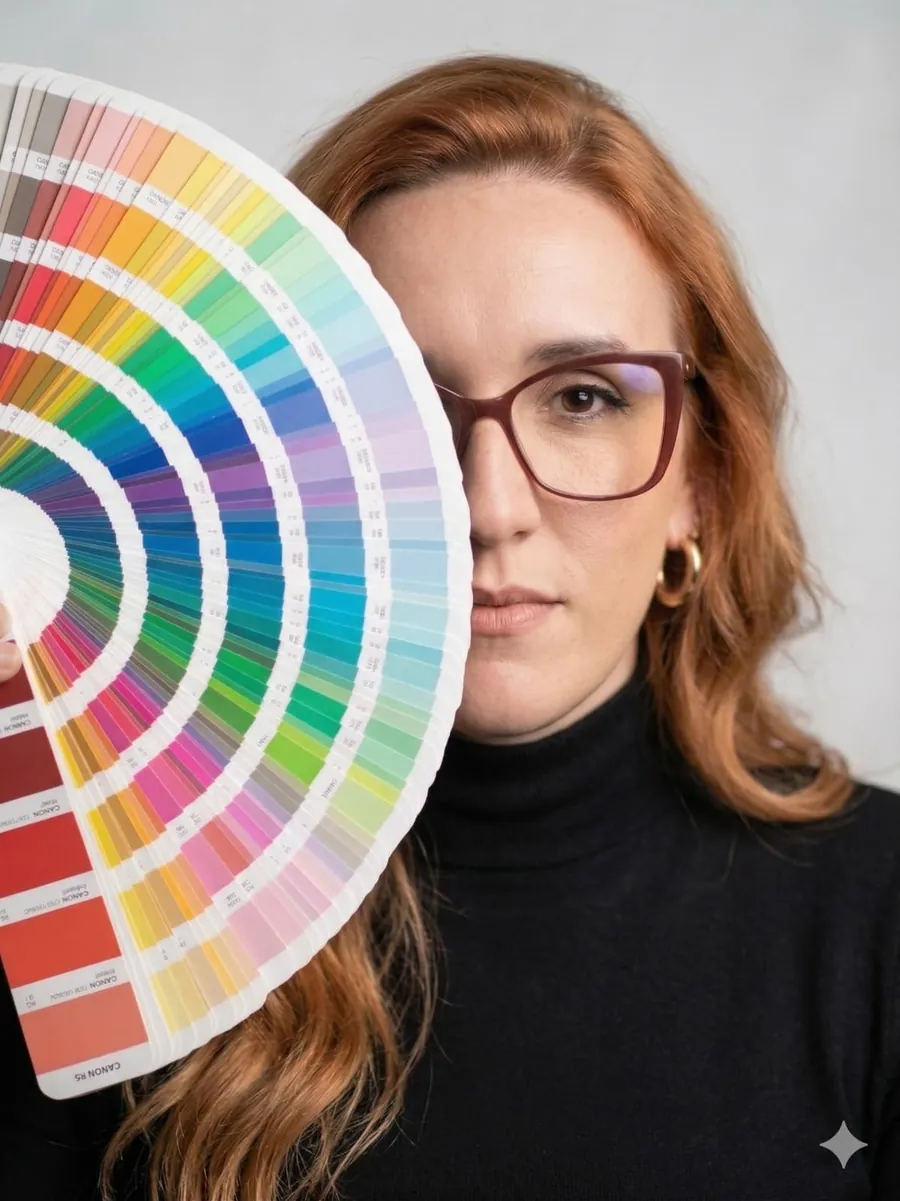 Carla Pagnocelli Cseh segurando um leque de paleta de cores