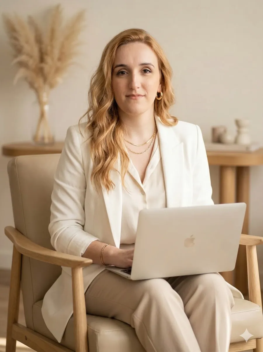 Carla Pagnocelli Cseh trabalhando com notebook em ambiente clean